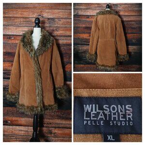 Wilsons Leather Pelle Studio Coat XL Brown Suede Faux Fur Trim Penny Lane
